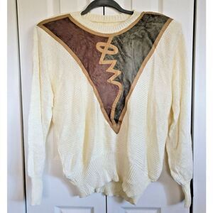 Vintage Women's L/XL‎ Cream High Neck Sweater Fitted Slvs Suede Accents No Tags